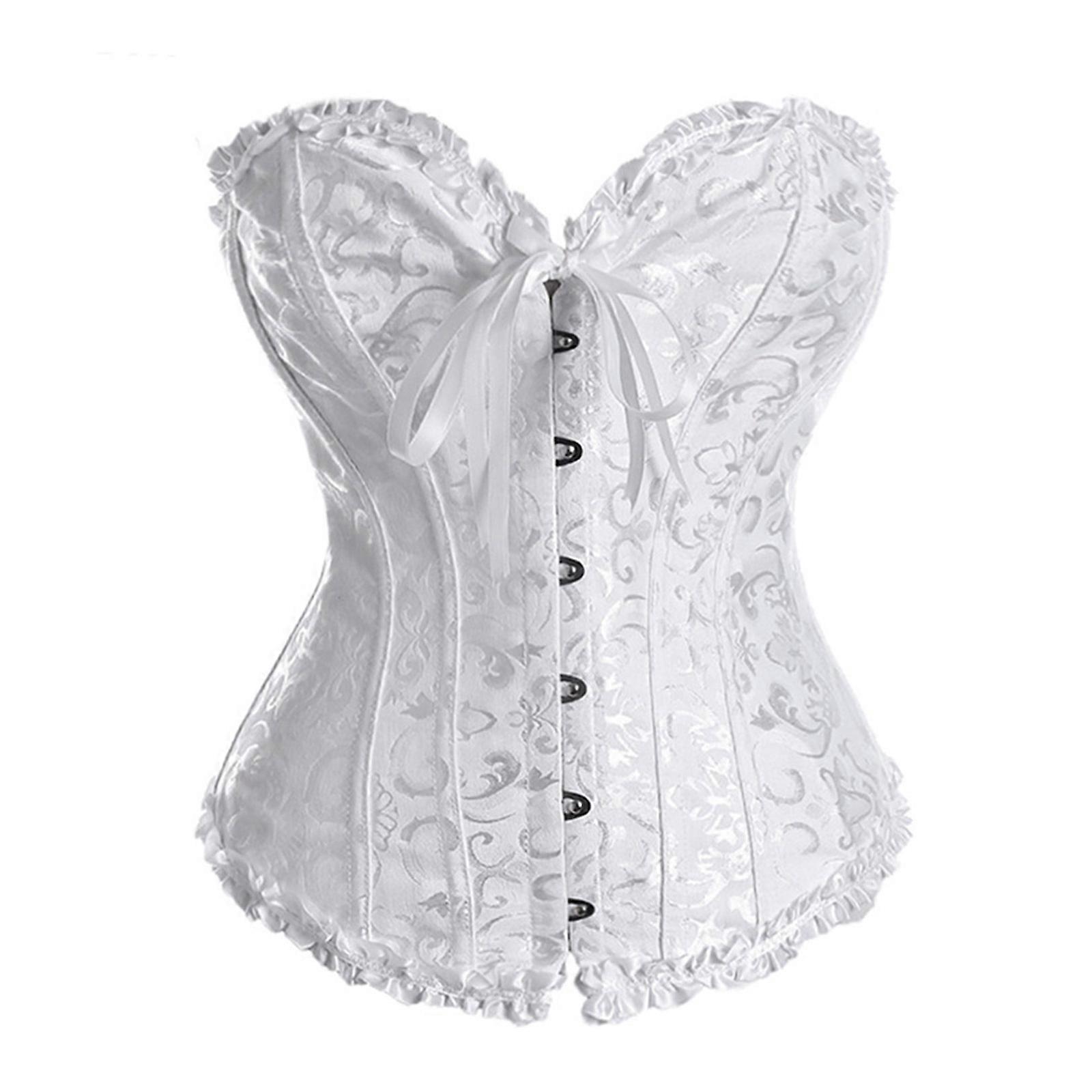 Retro Inspired Full Coverage Corset Bustier Adjustable Waist Training Undergarment Nylon Corset Top with Corsage Design  XL White