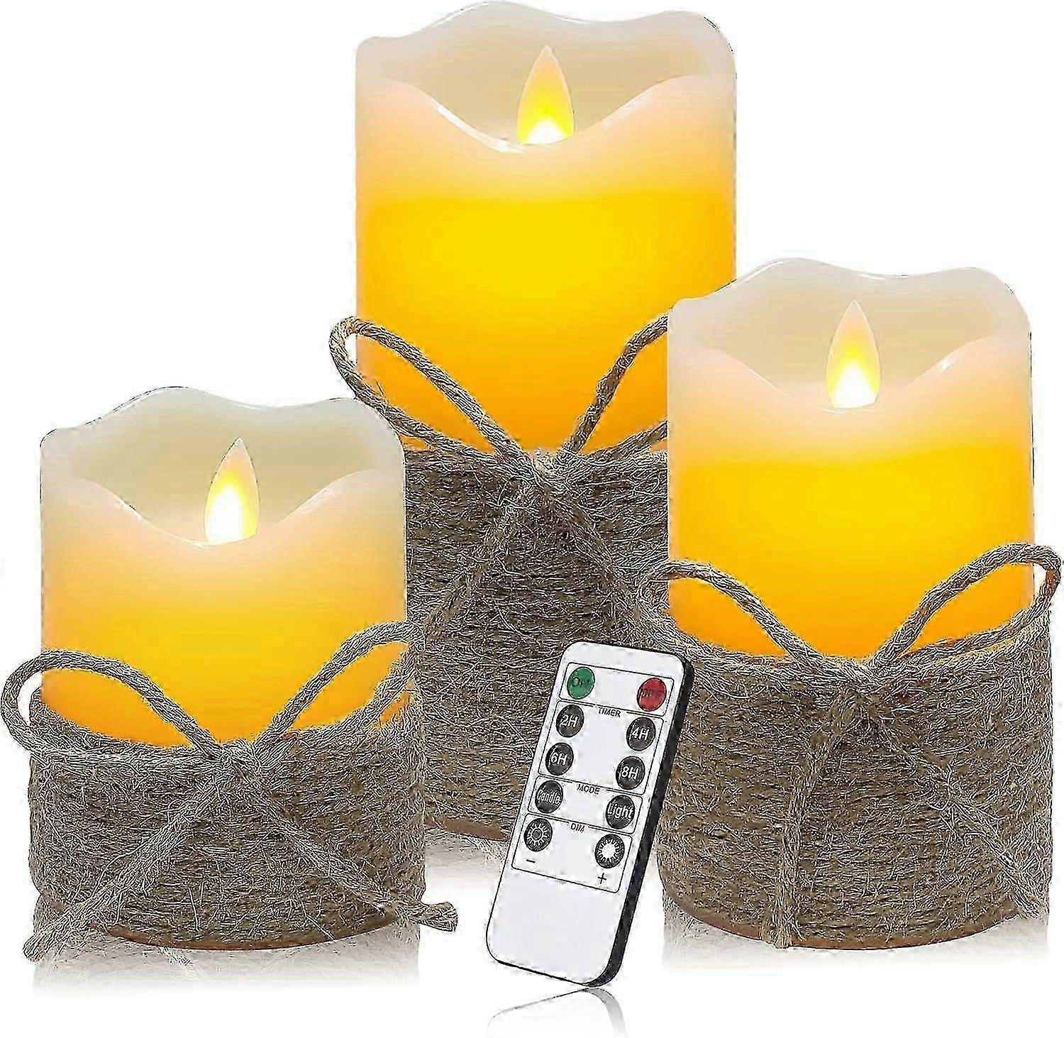 Flickering LED Candle Set with Timer and Remote, 3.25" Diameter, Heights 4" to 6", Battery Operated, Hemp Rope Base Included SZRH