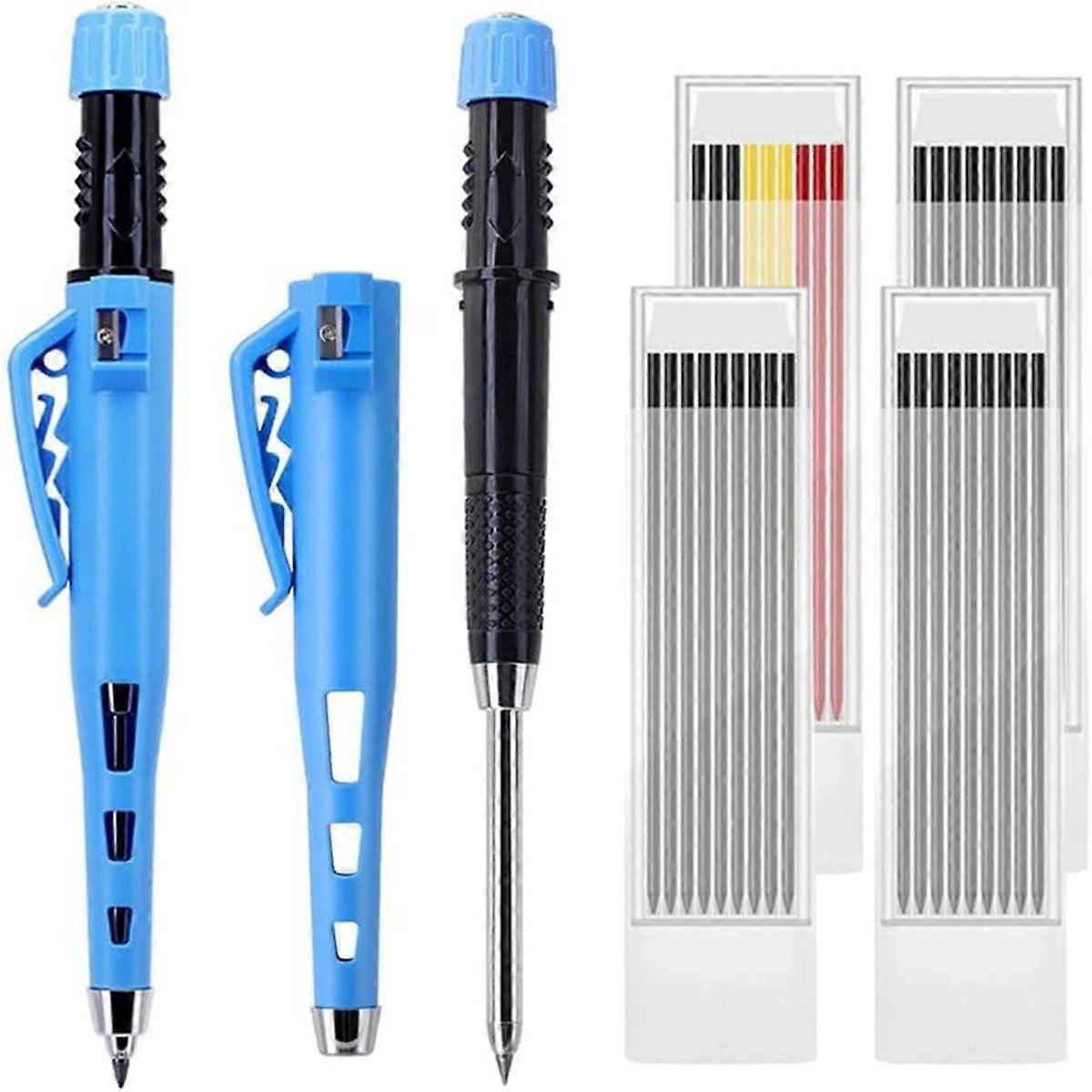 55mm Long Nib Carpenter Pencil Set - 2 Deep Hole Marking Pencils with 4 Boxes 36 Refill Leads, Work
