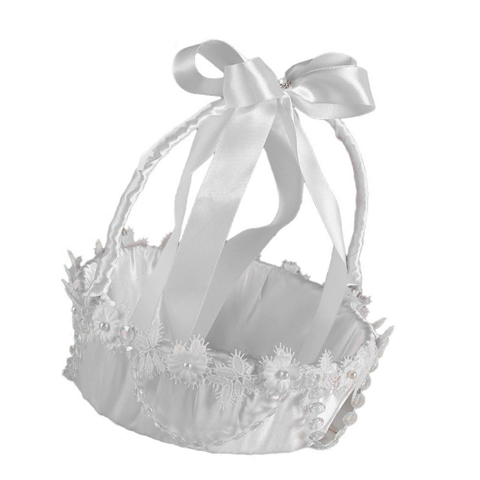 Decorative Bridal Party Accessory Basket Reusable Paper Twine With Soft Lace Detailing For Petal Tossing  White
