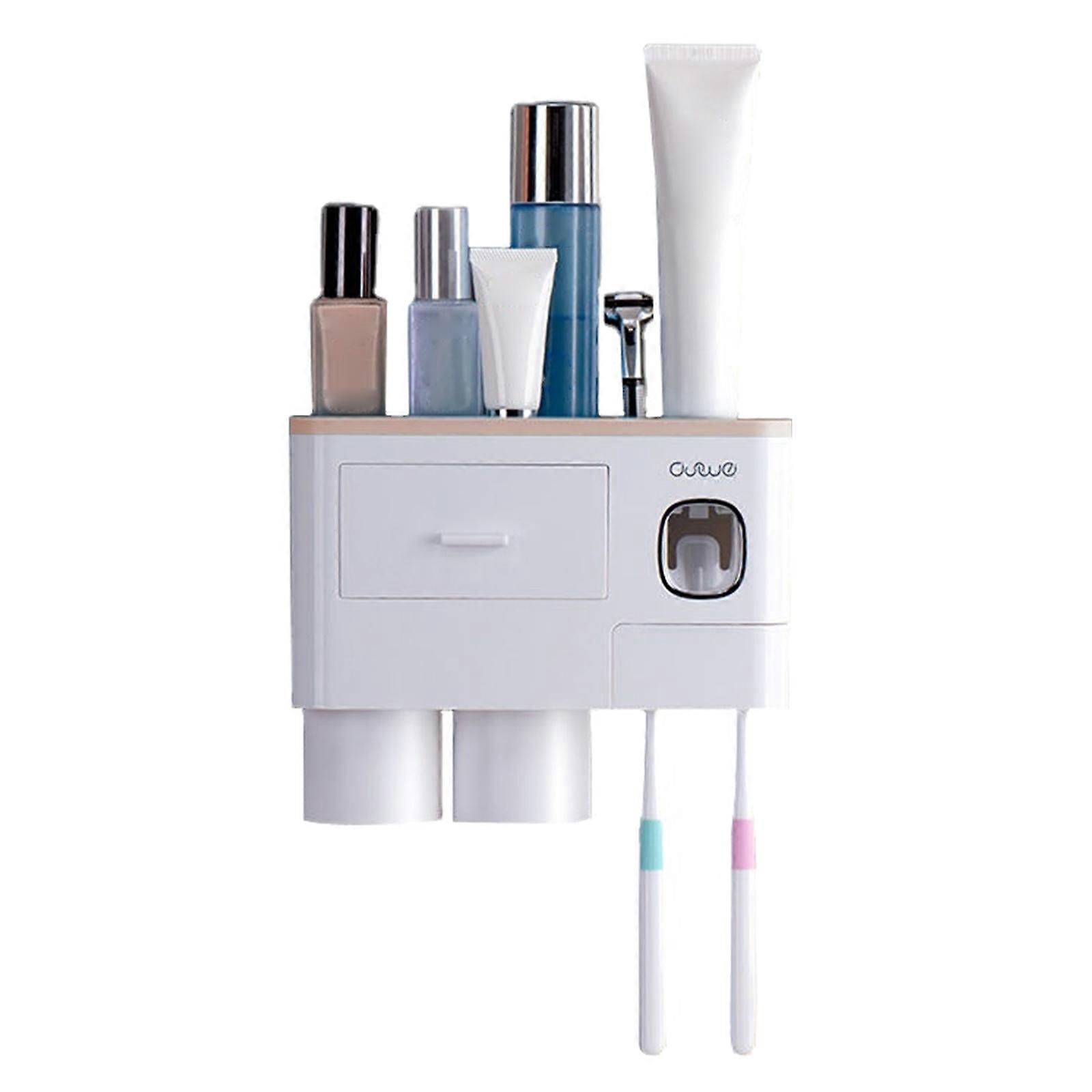 Automatic Toothpaste Dispenser Squeezer Set Wall Mounted Toothbrush Holder 2 Brush Slots 2 Magnetic Cups Storage Box  pink
