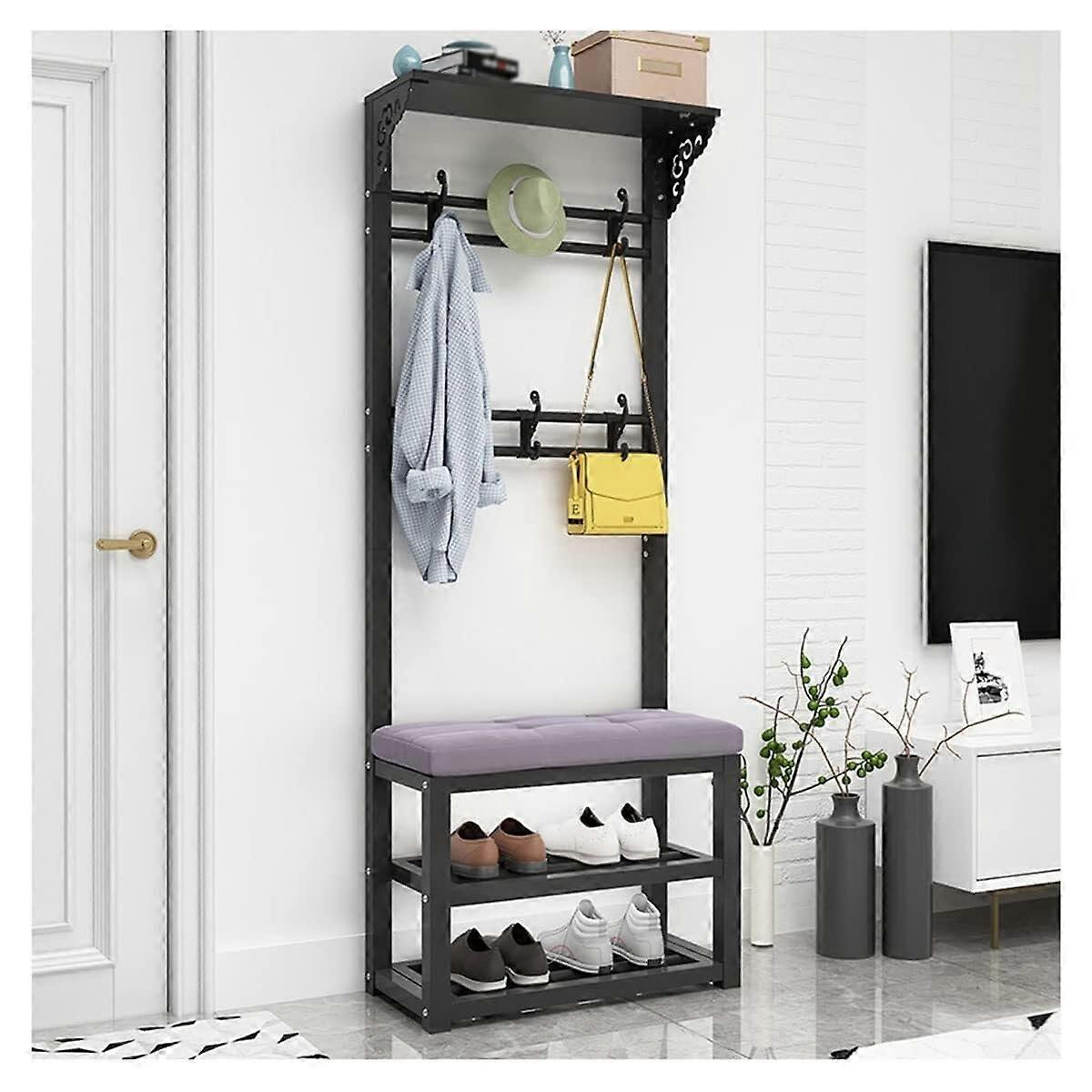 Metal Hall Tree with Bench and Shoe Storage, 3in1 Coat Rack with Adjustable Hooks for Entryway
