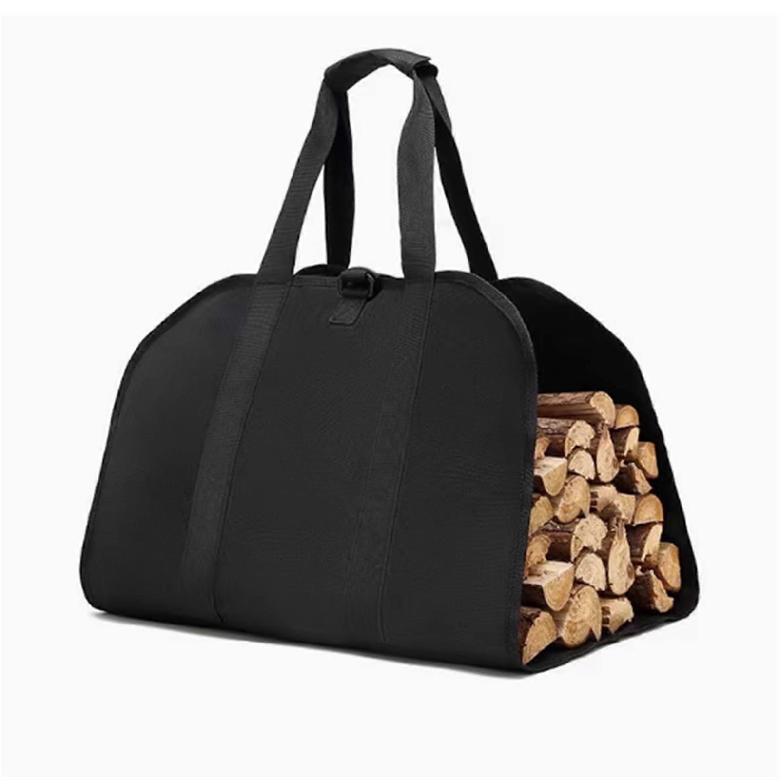 Firewood Carrier Bag Waterproof Canvas with Handles for Camping Log Storage, 30kg Capacity Black