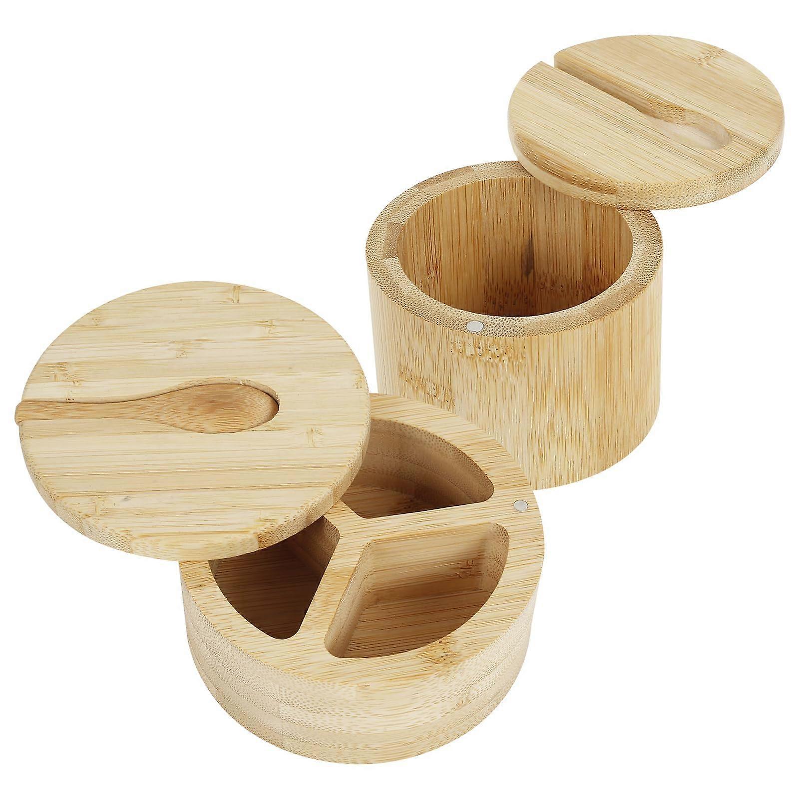Bamboo Salt Cellar with Swivel Lid, 2Pcs Wood Spice Box with Compartments for Seasonings