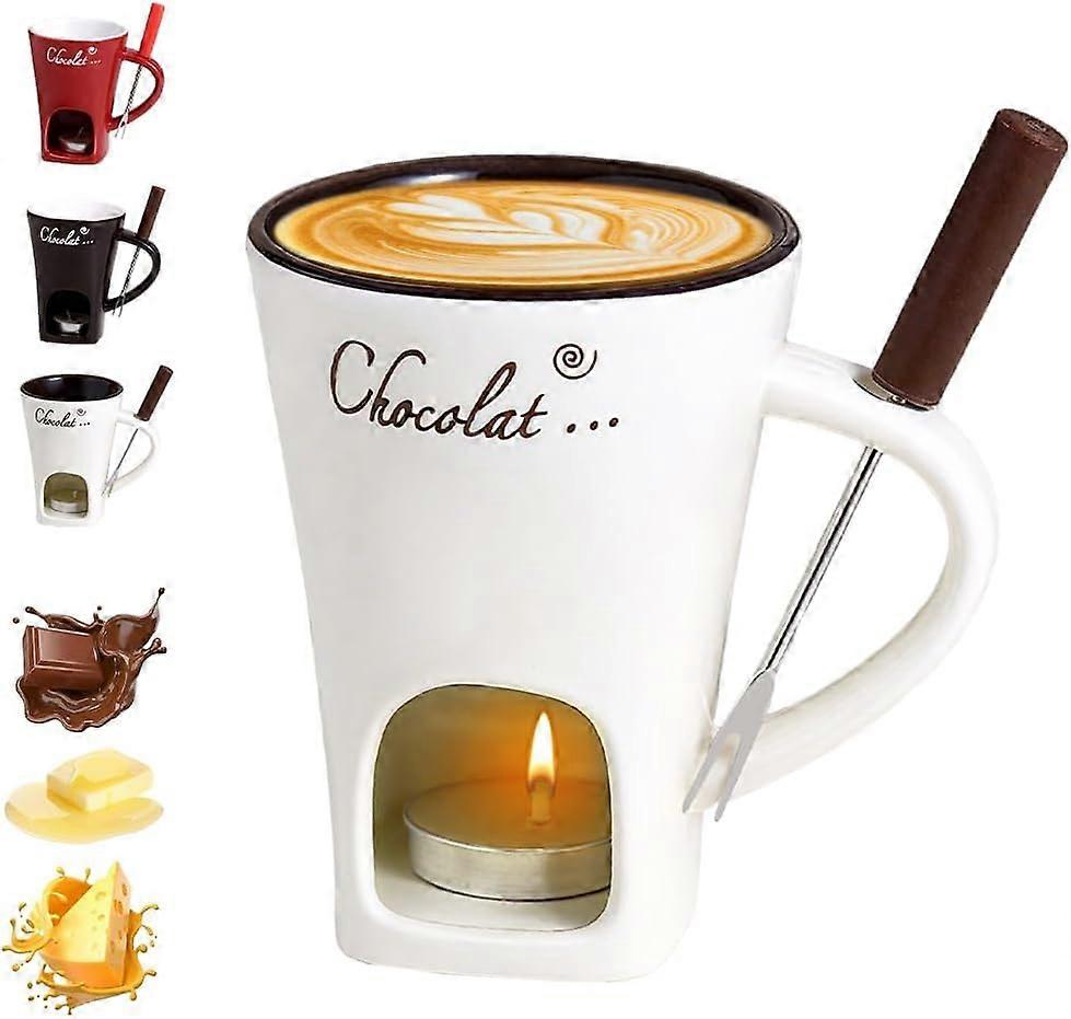 Chocolate Fondue Mug Set with Forks, Ceramic Fondue Pot with Tealight Warmer for Desserts and Parties