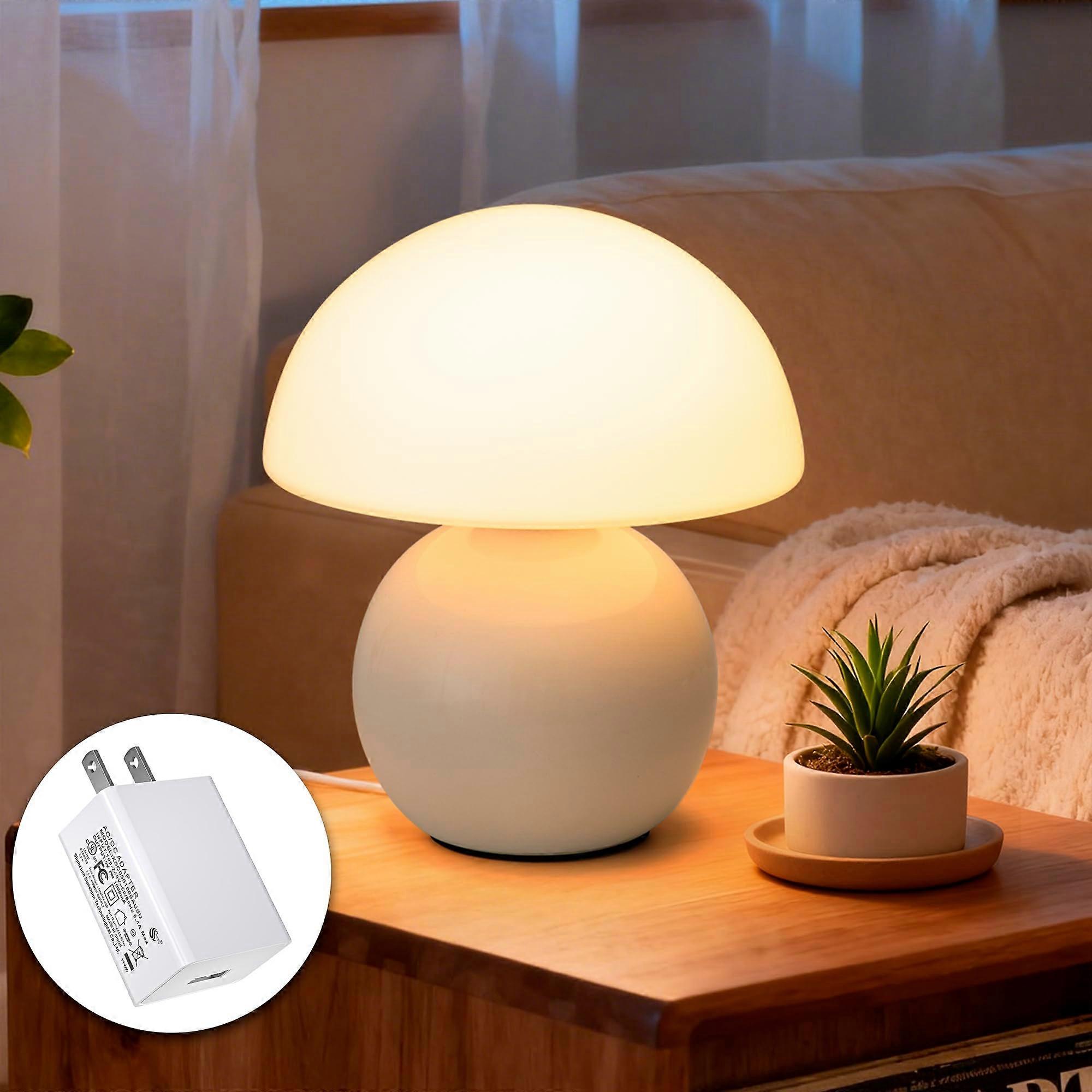 Small Mushroom Table Lamp with USB, 3Temperature LED, Dimmable Modern Bedside Light White