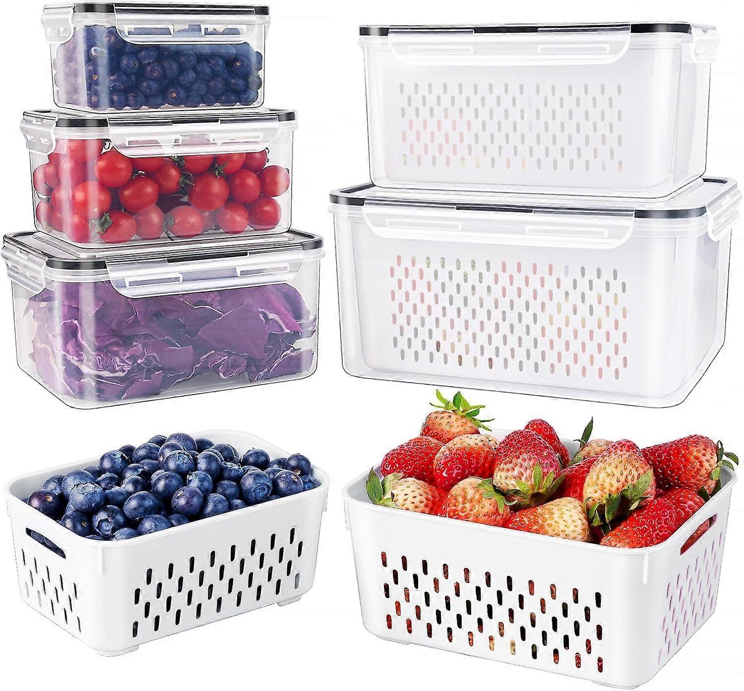 5 PCS Fridge Storage Containers with Built‑In Drain Colander, Leakproof Stackable Produce Keeper