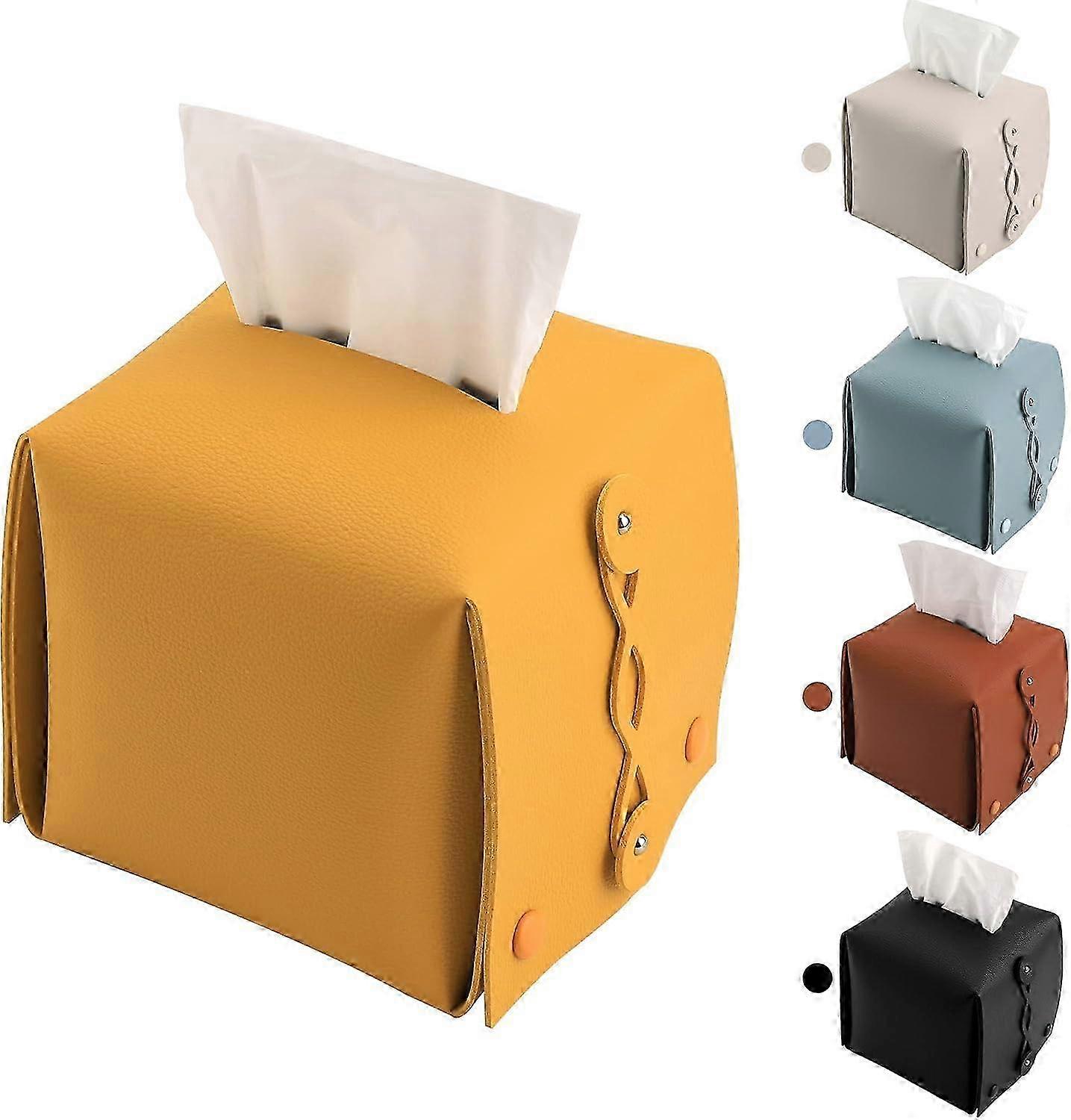 2025 Leather Tissue Box Holder Rectangular Square, Tissue Box Cover Dispenser (Yellow)