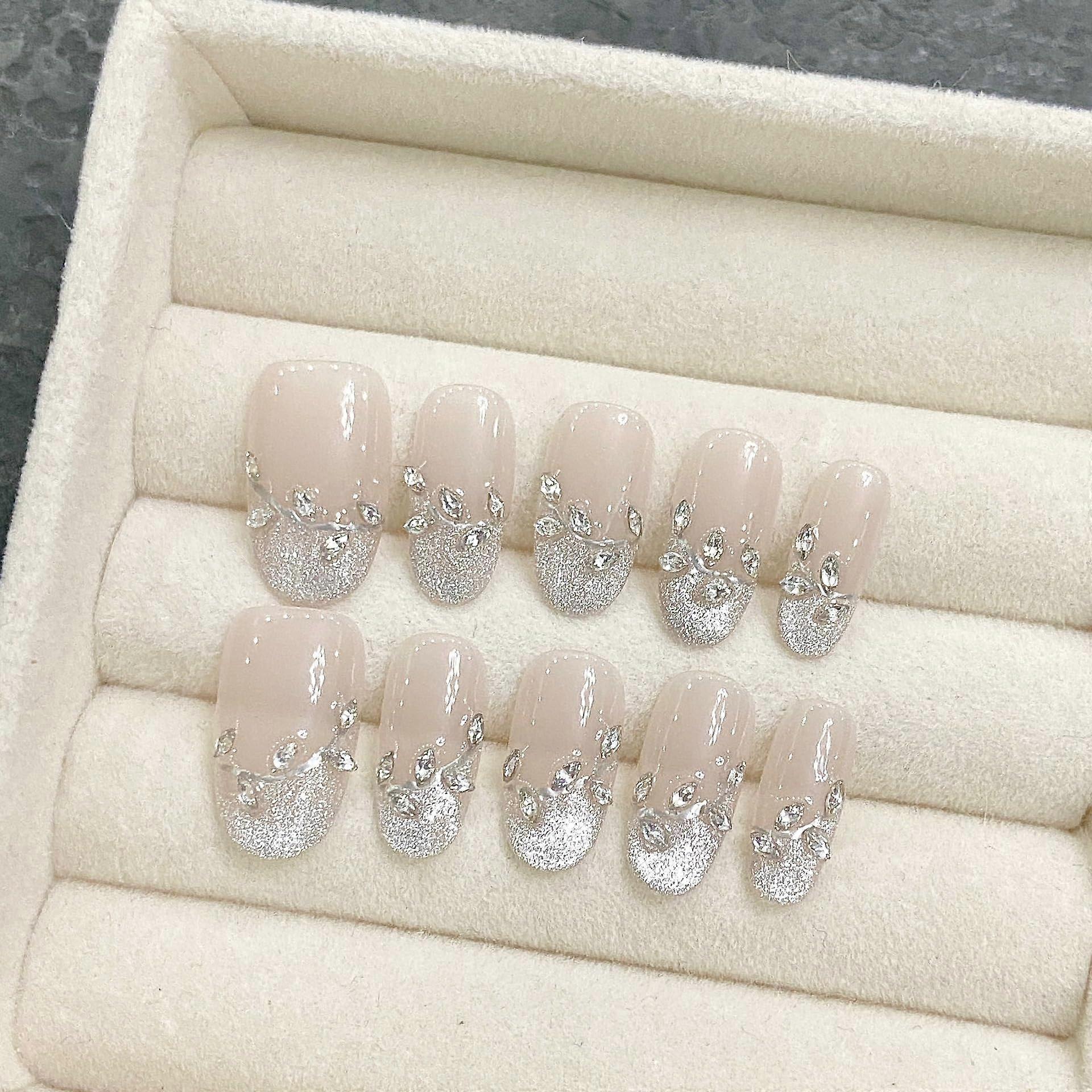 Handmade Press On Nails Set Cat Eye Leaf Design Reusable Salon Quality False Nails Large Size