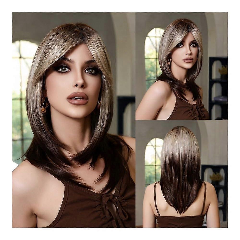 Synthetic Deep Wave Wig with Bangs, Gradient GrayGold, Shoulder Length, Voluminous Style