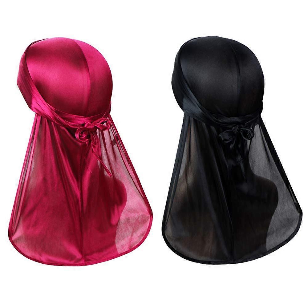 2 Pieces Silky Durag Set with Extra Long Tail, Wide Straps and Full Neck Coverage for 360 Waves