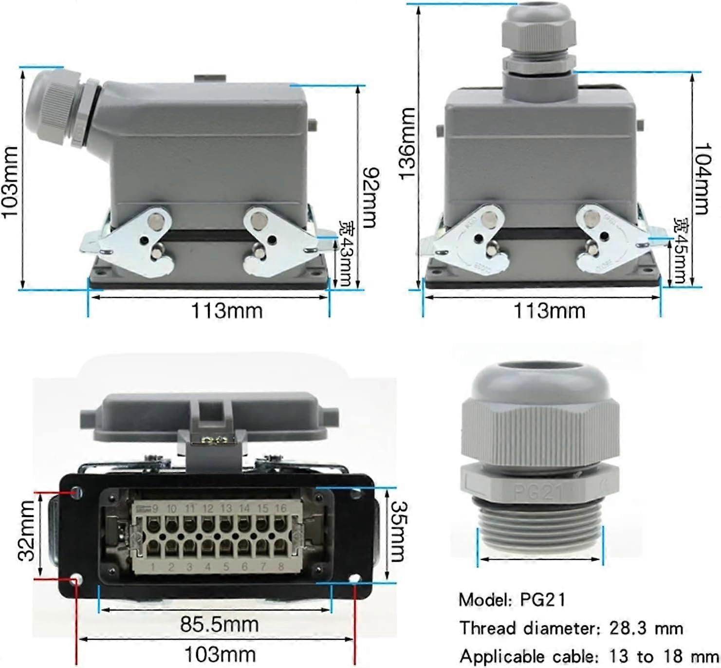 Industrial Waterproof Connector 16 Pin  Base Heavy Duty Rectangular Socket with Protective Cover