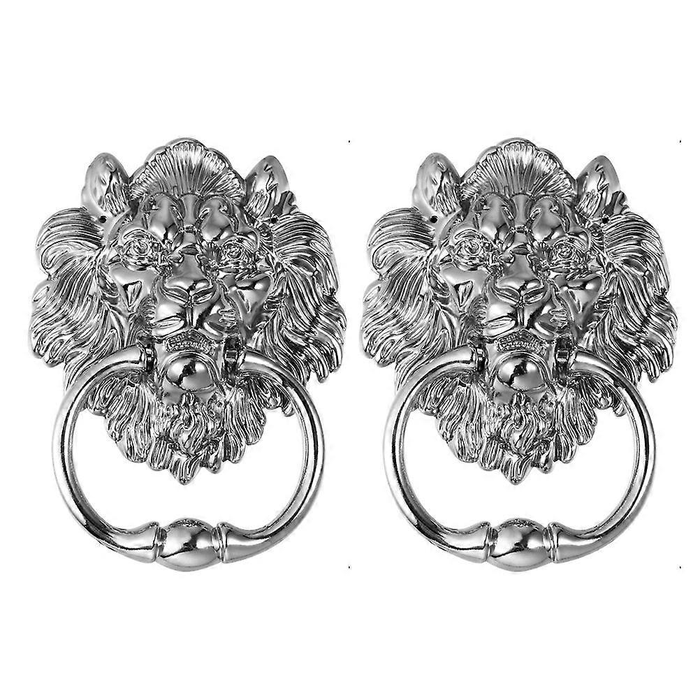2Pcs Antique Lion Head Door Knocker Front Door Handle Tone Pull Ring (Silver)