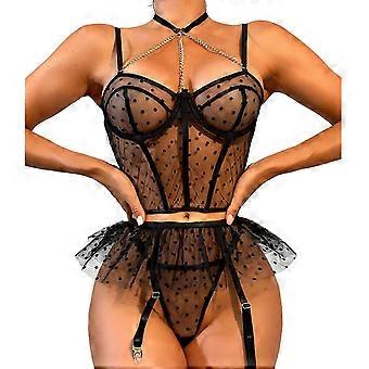 Womens 2-Pieces Outfits Pajamas Lace up Sexy Panty Belts String Thong Bodysuit Sleepwear Lingerie Nightgown Night Dress Black