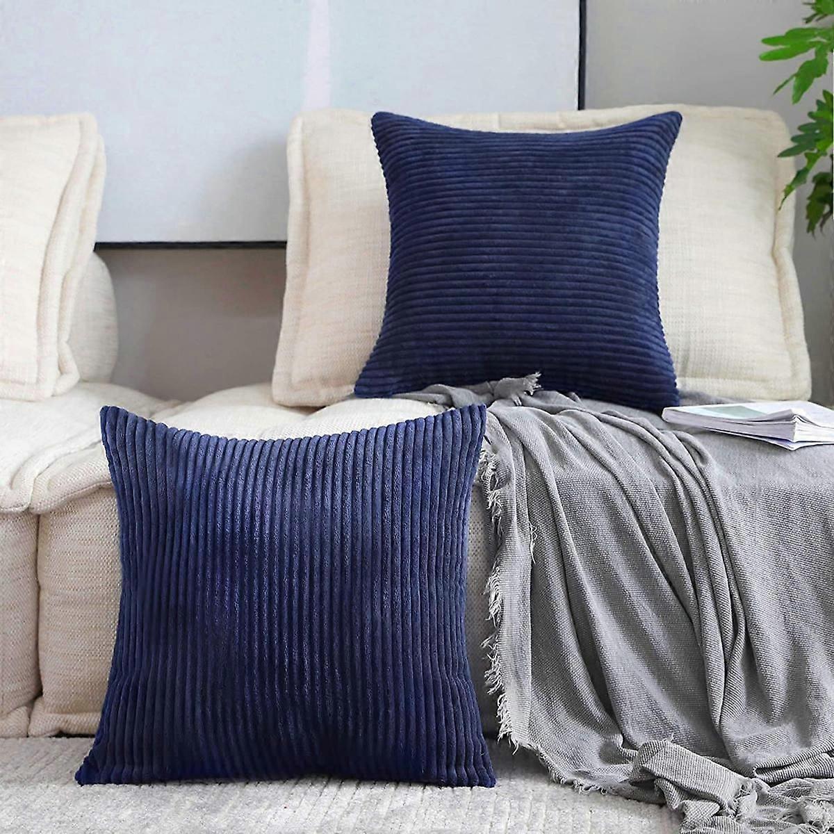 Pacote de 2 Capas de Almofada Corduroy Super Soft Stripe (Navy Blue18 x 18 polegadas)