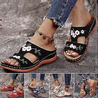 Orthopedic Arch Support Sandals, Leather Flower Embroidered Vintage Casual, Soft Memory Foam Footbed, Shock Absorbing, Posture Correcting, 1 Pair