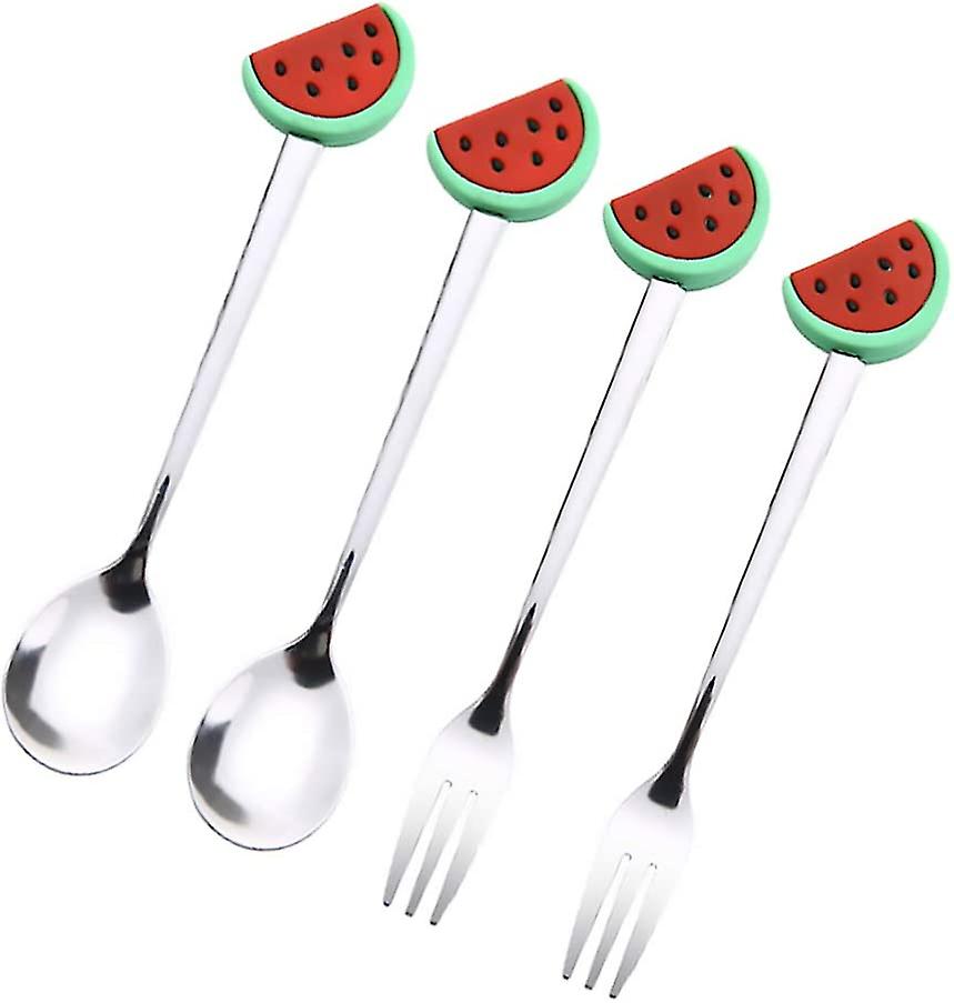 4pcs Silverware Set Stainless Steel Cute Watermelon Fruit Shape Fork Coffee Spoon Flatware Set Cutlery Set Tableware Eating