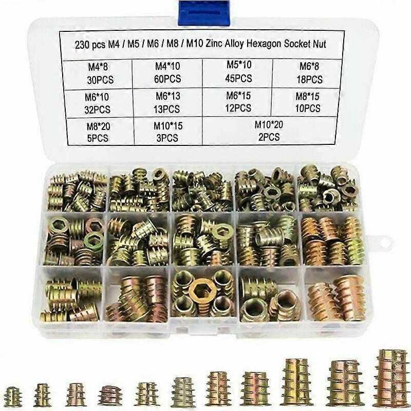 M4 M5 M6 M8 M10 Hex Nuts with Threaded Inserts, Zinc Alloy Hexagonal Threaded Insert Nuts Inserts, (230PCS)