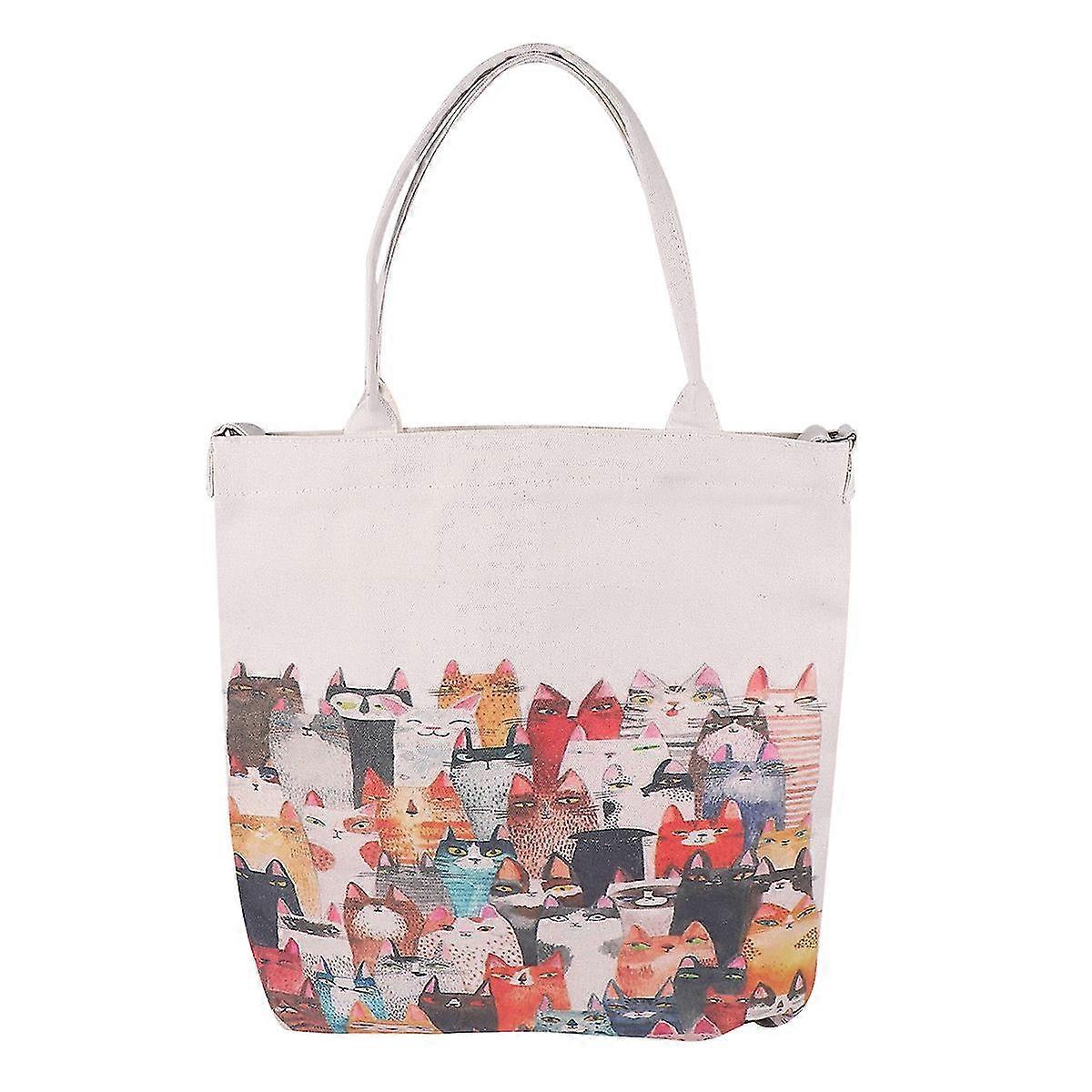 1 Pc Cat Pattern Crossbody Bag Canvas Shoulder Zipper Bag For Girls Students