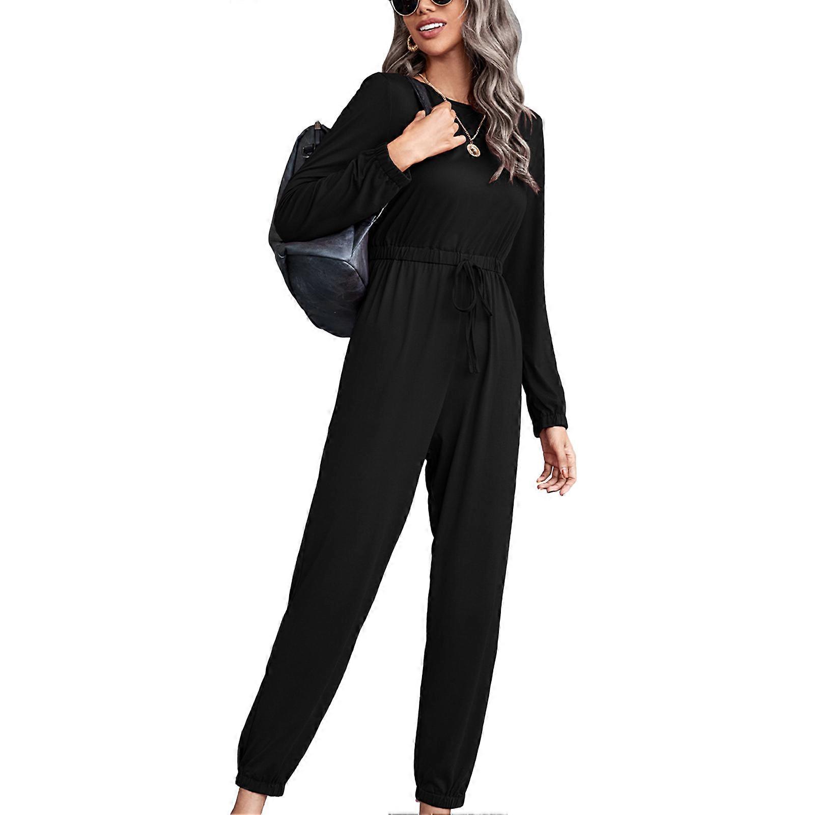 Langærmede bukser Buksedragt Rund hals Slank Snøring Helfarve Mode Afslappet Dametøj Sort XL