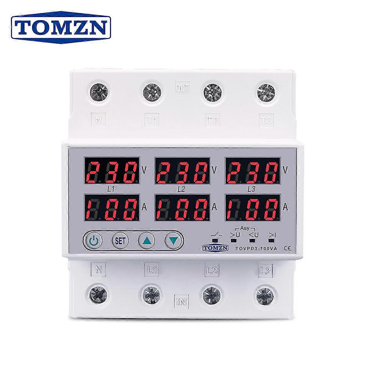 100a 3 Phase Din Rail Voltmeter Ammeter Adjustable Over And Under Voltage Current Limit Protection Monitor Relays Protector