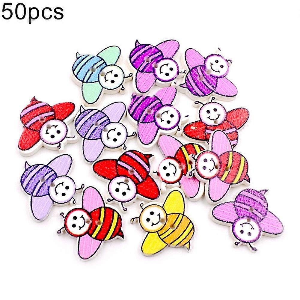 50Pcs Bee Shape Colorful Wooden Buttons 2 Holes DIY Crafts Sewing Accessories