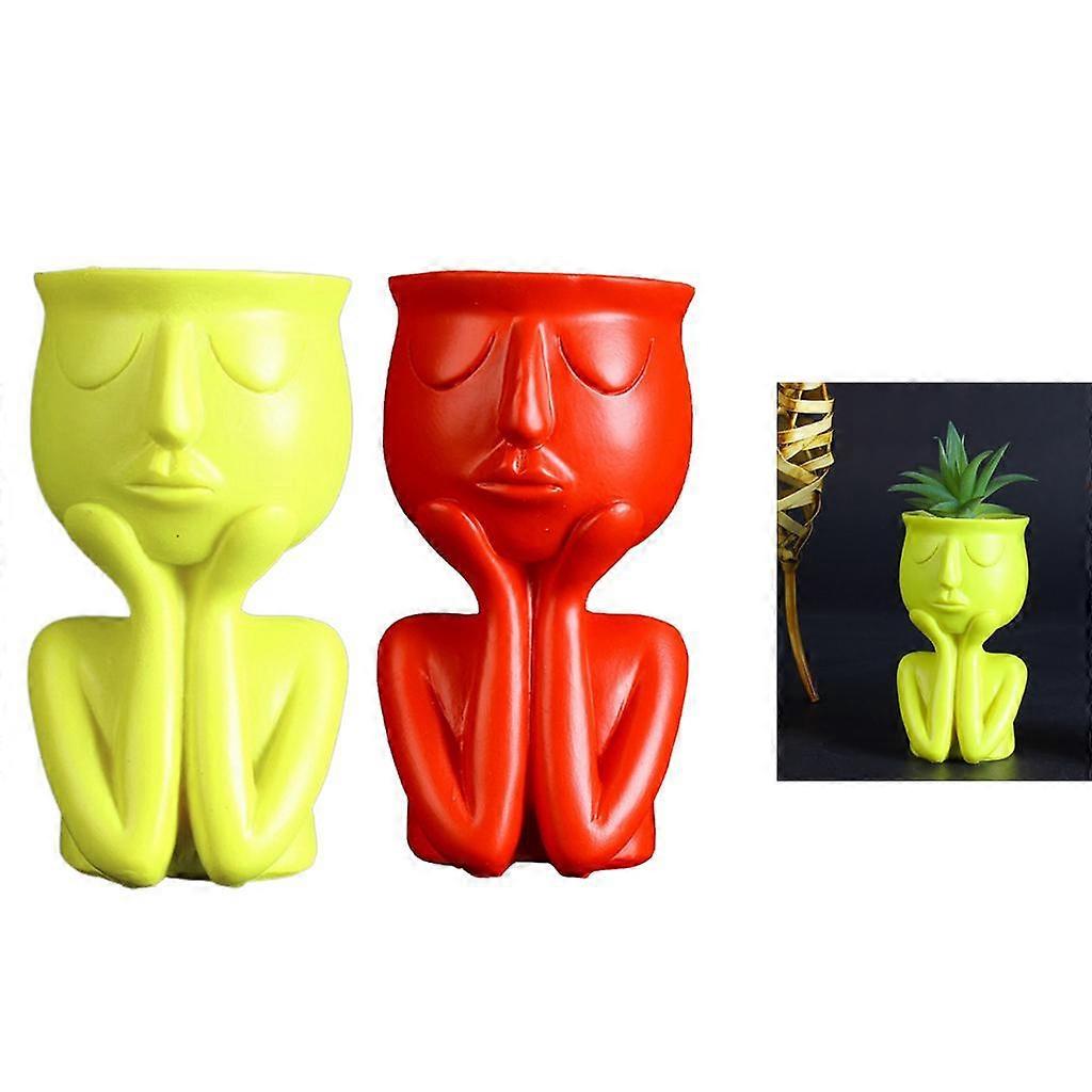 Human Portrait Sculpture Flower Pot Vase Succulent Cactus Planter Red/Yellow