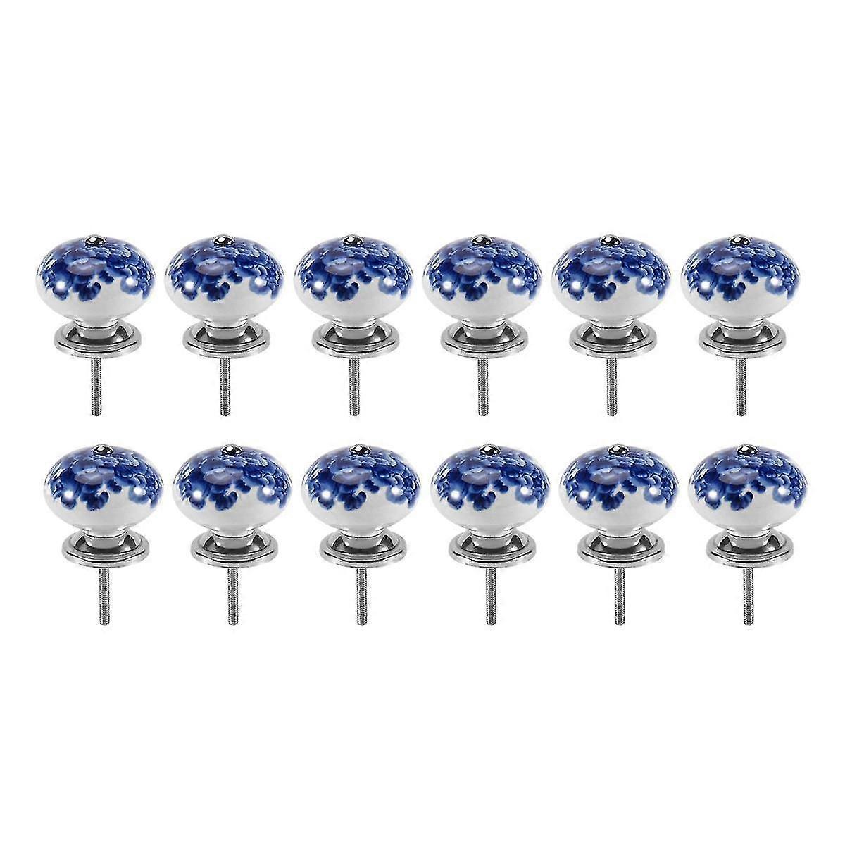 12Pcs Handmade Ceramic Door Knobs for Cupboards Cabinet Knobs Blue on White Wardrobe Door Handles C