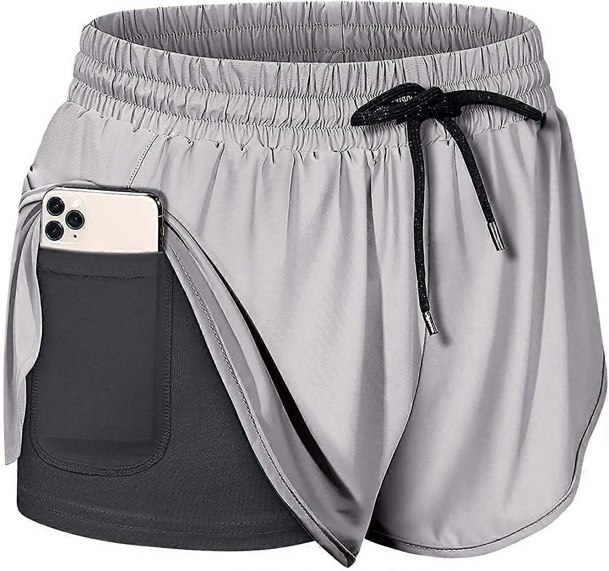 Womens Double Layer Drawstring Elastic Waist Athletic Shorts with Pockets