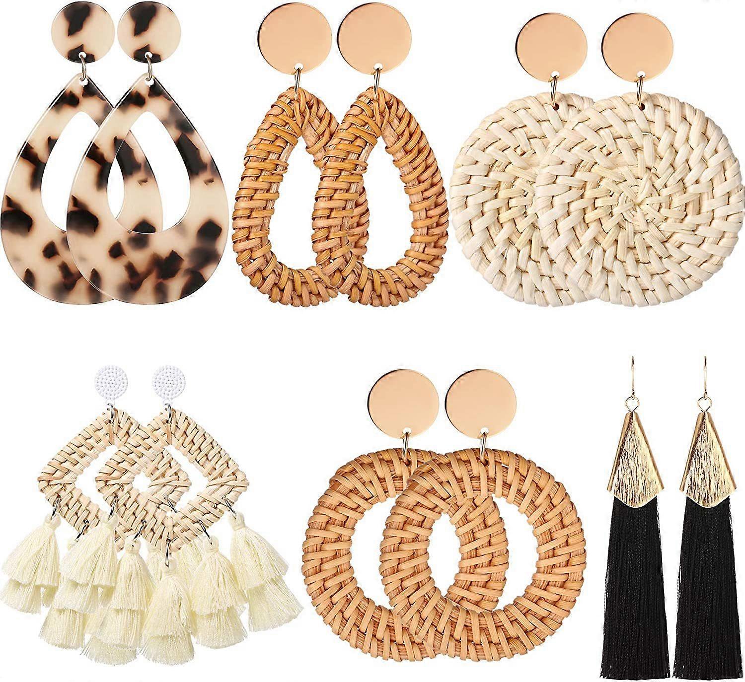 3 Pairs Rattan Earrings Woven Bohemian Earrings Handmade Straw Wicker Braid Hoop Drop Dangle Earrings For Women Girls