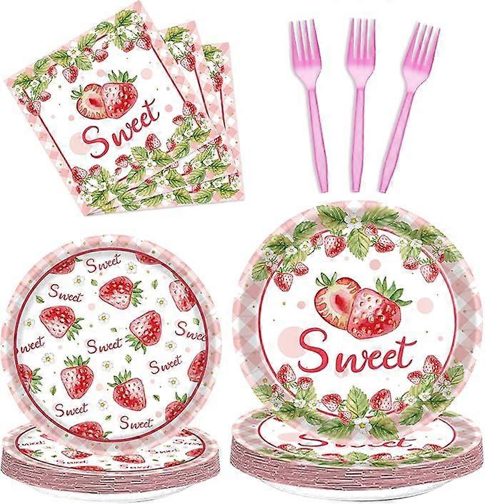 80 Pcs Strawberry Plates and Napkins Party Supplies, Disposable Forks Summer Fruit Paper Dessert Tableware Decorations Birthday Table Dinnerware Favor
