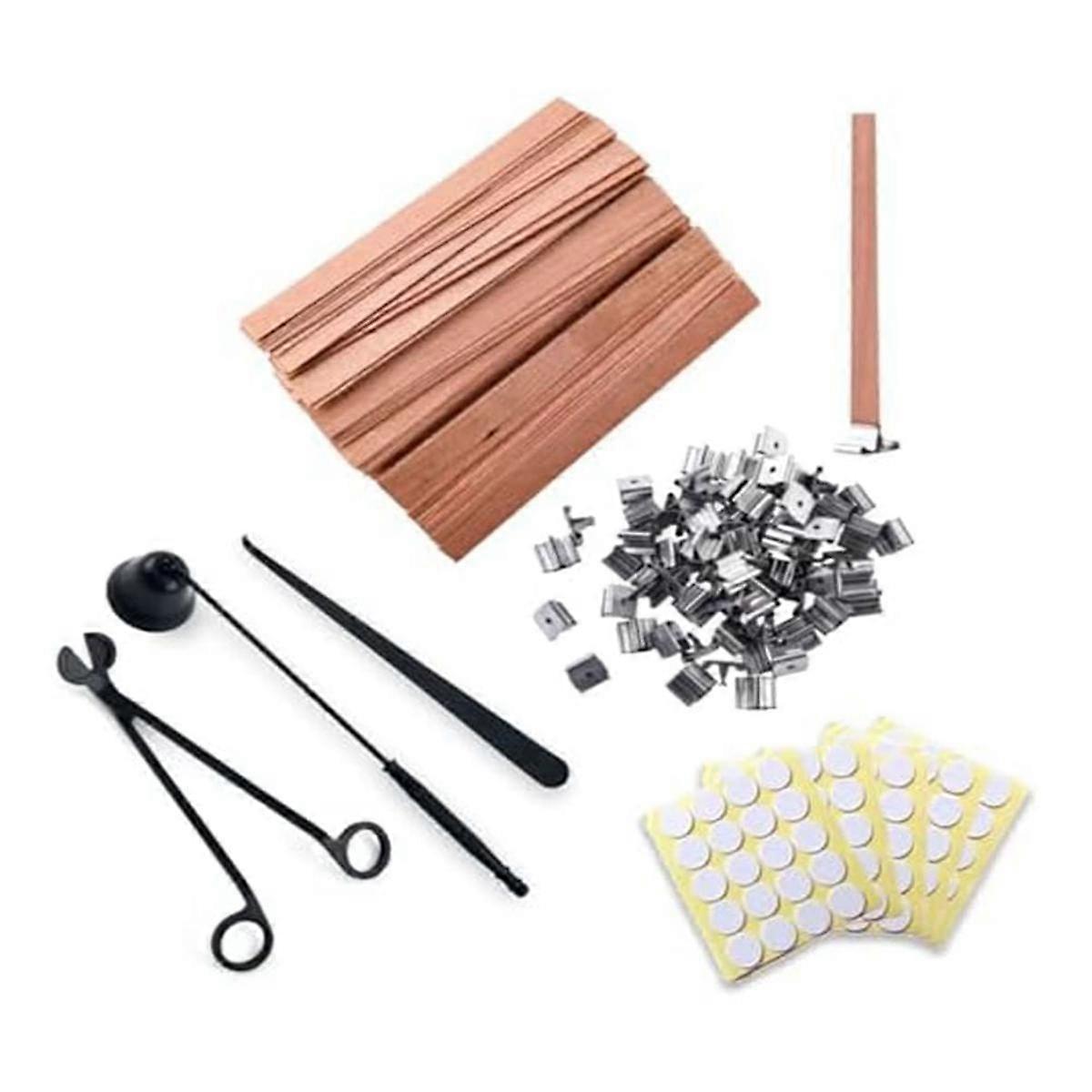 100 Pieces 5.1 x 0.5 Inch Wooden Candle Wicks, Candle Trimmer Set with Iron Stand for DIY Candle Making