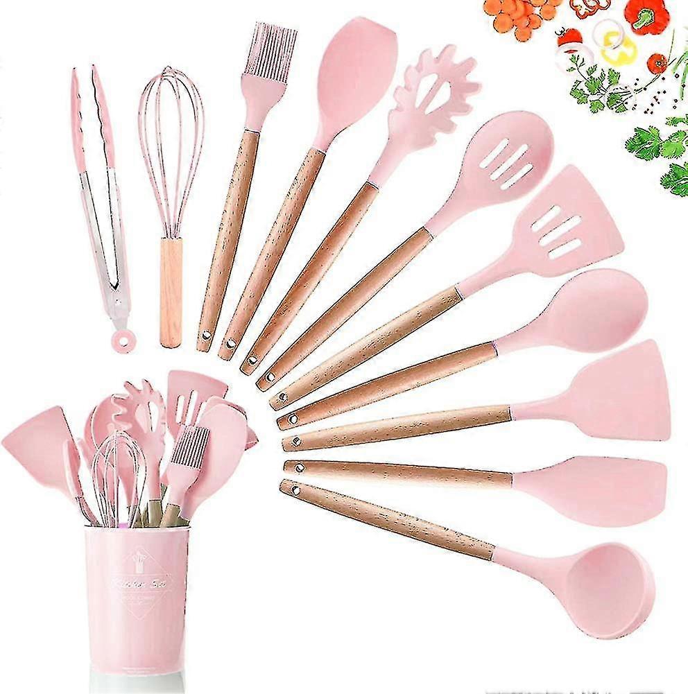 Premium 11pcs Silicone Cooking Kitchen Utensils Set. Madera resistente al calor