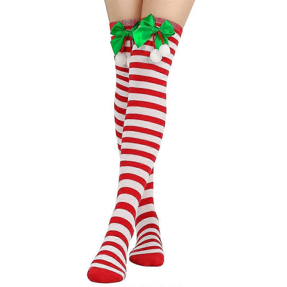 Christmas Solid/Striped Long Stockings Bowknot Thigh High Xmas Party Novelty Socks