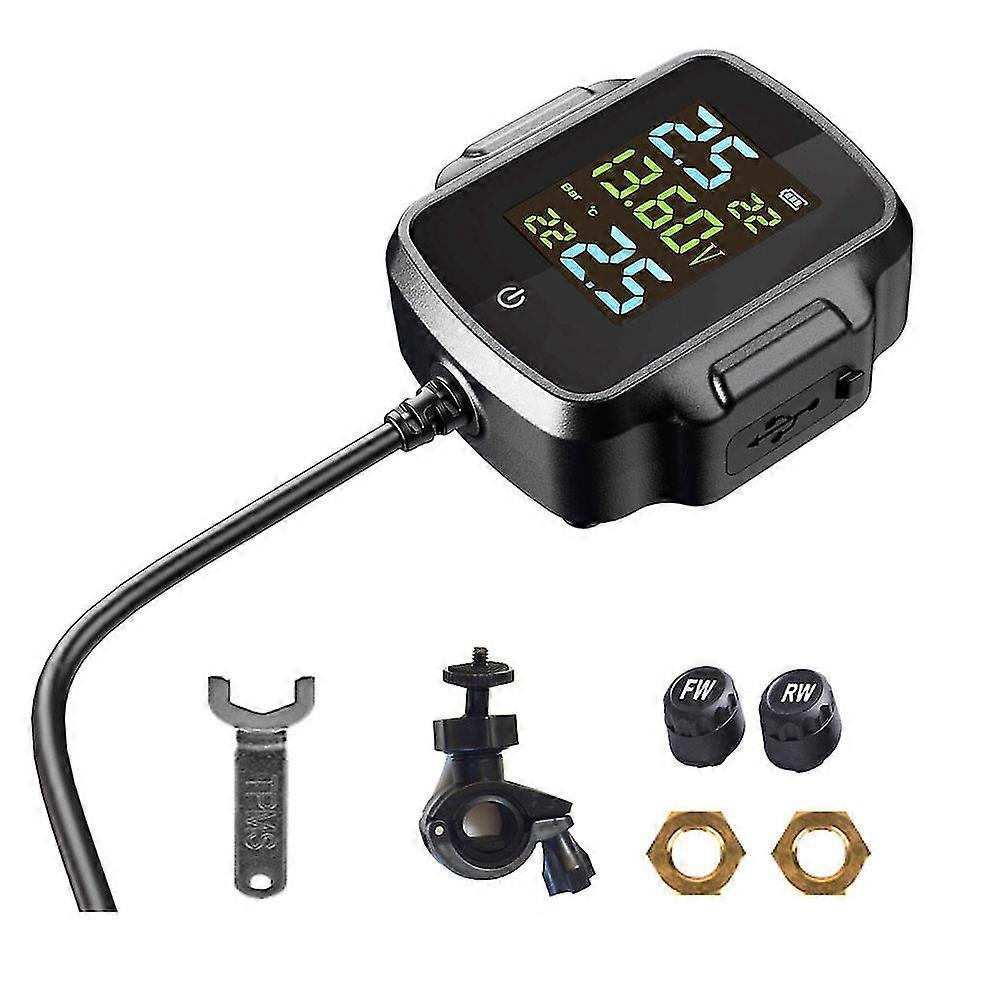 Black Tire Pressure Detector Motorcycle Tire Pressure Monitor Monitoring System Tpms Detector With 2 Waterproof External Sensors Support Usb Output