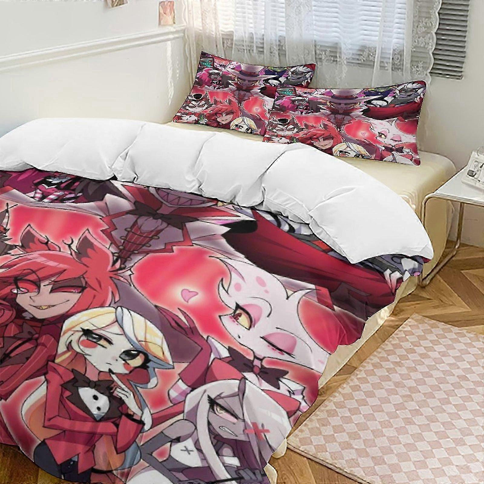 o1516 Lençóis Hazbin Hotel Down Capa de Edredom Conjunto de Cama de Microfibra, (1 Capa de Edredom e 2 Fronhas) Lençóis fg1516