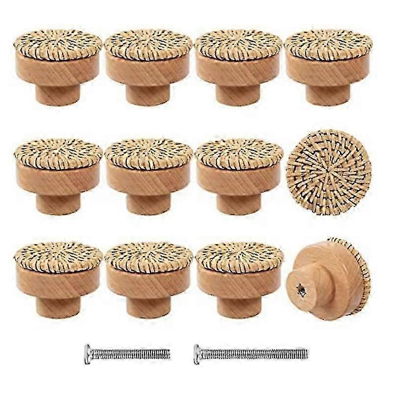 12Pcs Boho Rattan Dresser Knobs- Beech Wood Drawer Knobs Handmade Wicker Woven Pulls with 24 Screws