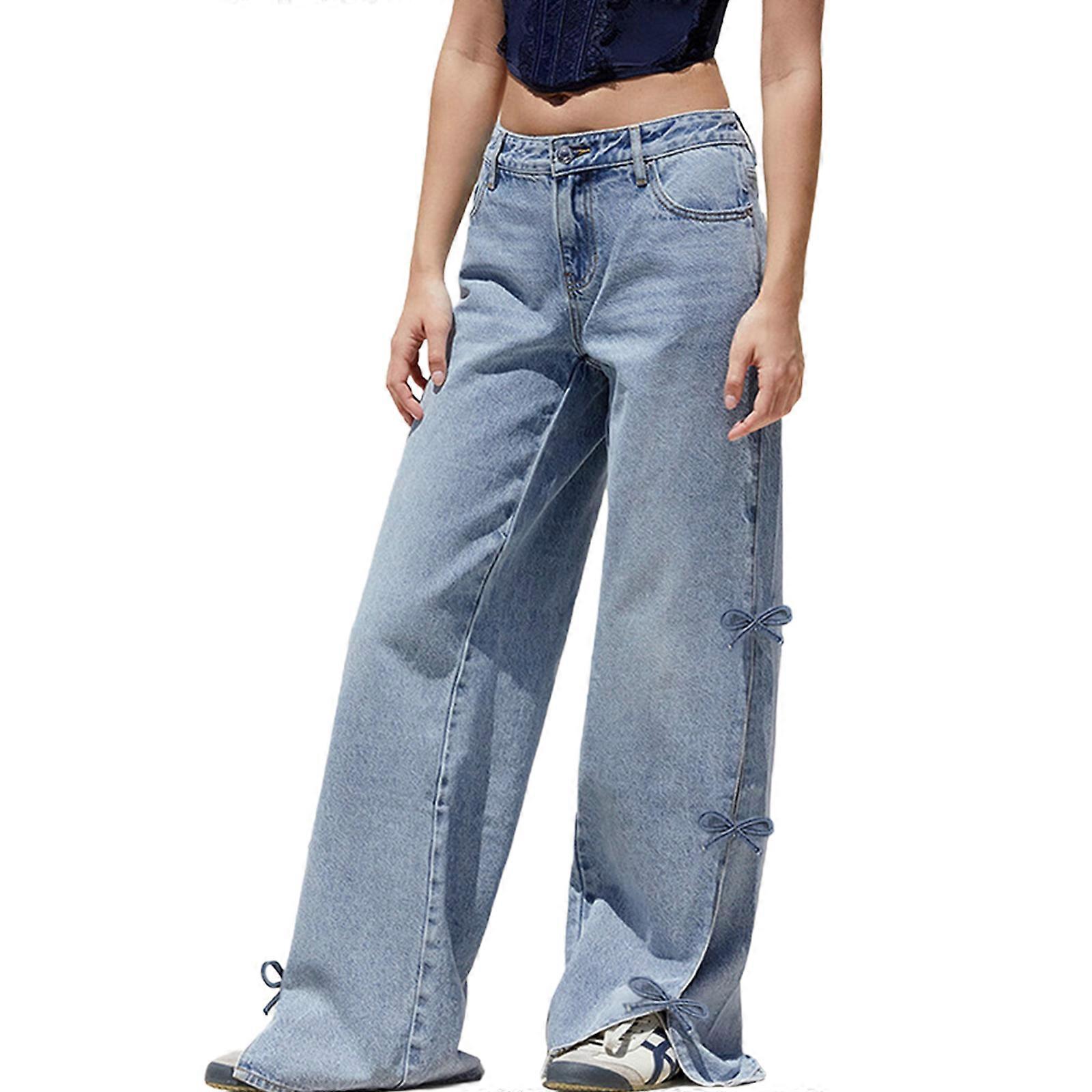 מכנסיים רחבים לנשים מסוגננים מכנסי ג'ינס מותן נמוך מכנסיים רופפים קישוט קז'ואל מכנסיים עם כיס כחול S