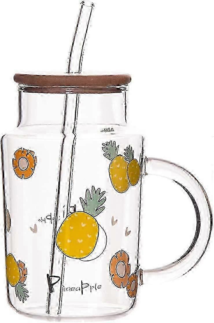 Tasse en verre transparent JiaWei avec couvercle et paille, tasse de jus en verre de 15 oz, motif d’ananas mignon MAR
