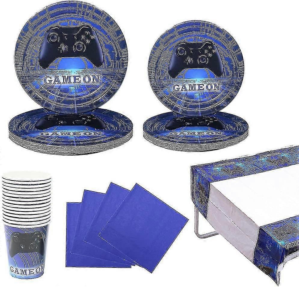 ビデオゲームパーティー用品食器セット16ゲスト、ビデオゲームパーティープレートカップゲームプレイヤーゲーム愛好家の少年誕生日パーティーのためのナプキンテーブルクロスをカップ