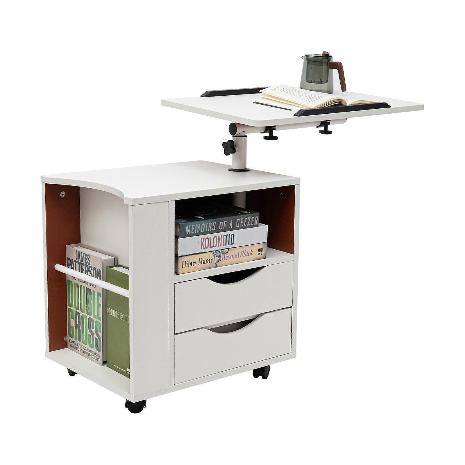 Multi-functional Rotating Bedside Table Adjustable Height Bookshelf 360° Rotatable Reading Shelf with Universal Wheels
