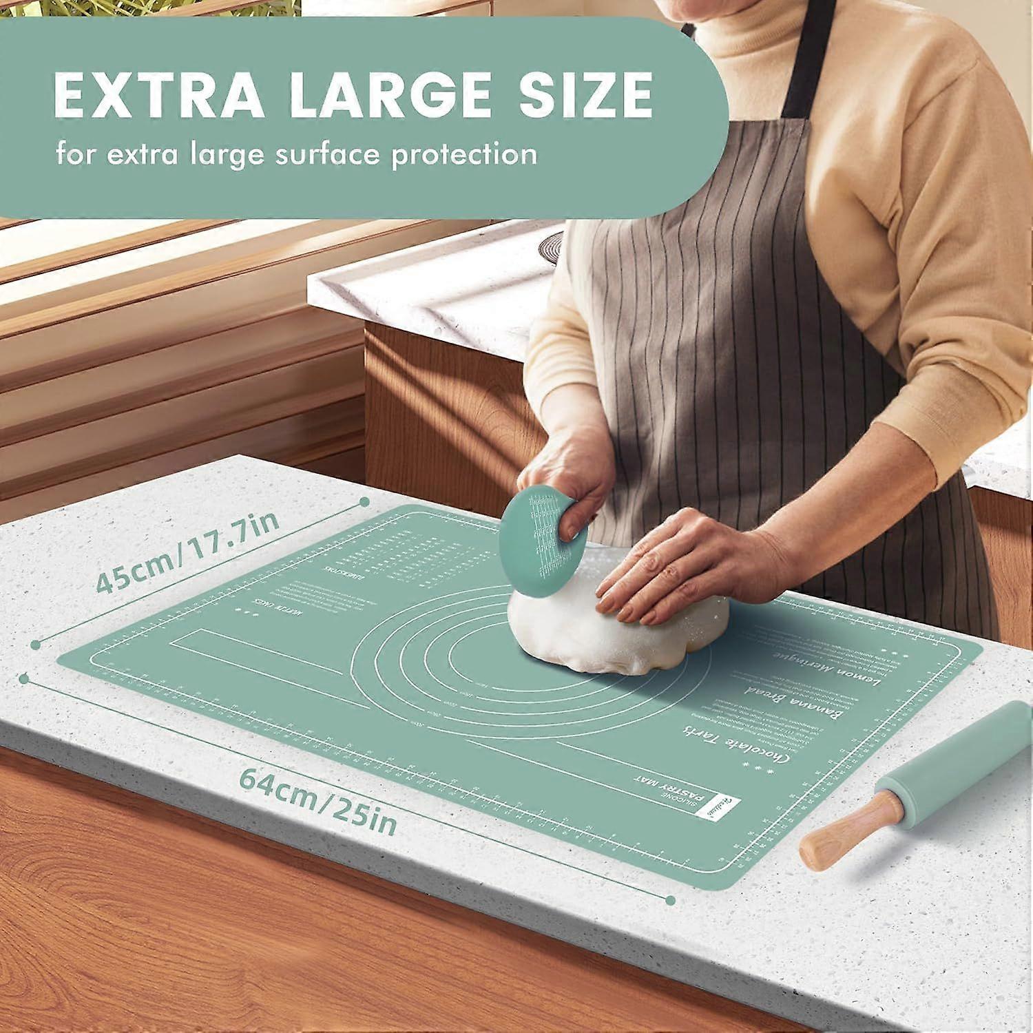 Silicone Baking Mats Set with Dough Scraper,Non Stick Silicone Rolling pin with Wooden Handle (Green)60L x 40W centimetres