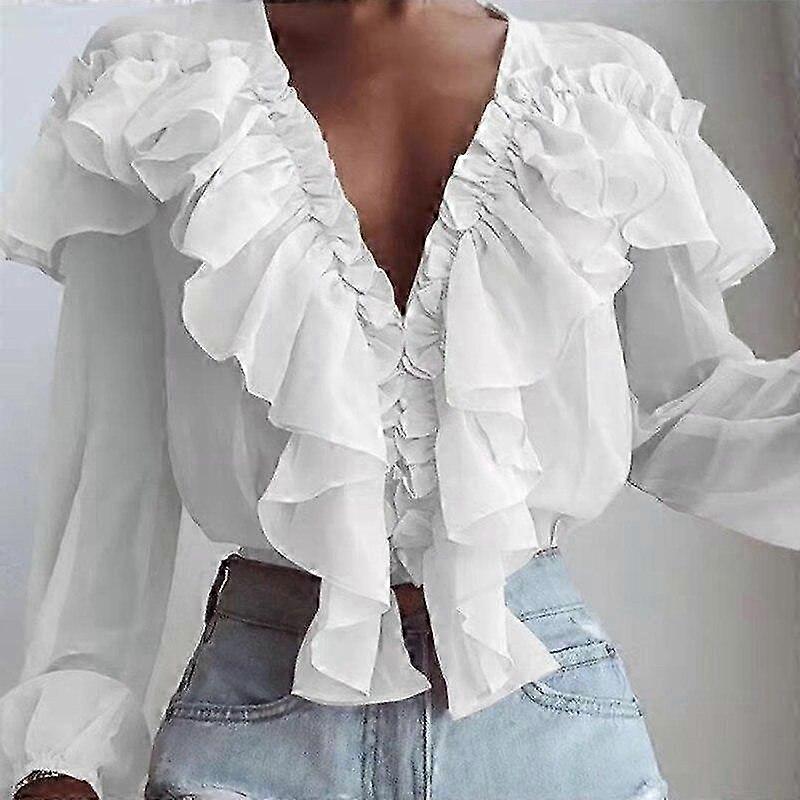 Chemise ample en mousseline de soie à col en V pour femmes, hauts plis élégants, blanc uni décontracté