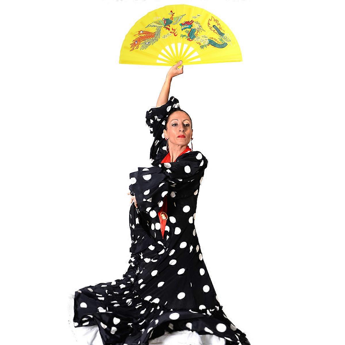 Elegant Yellow Traditional Chinese Pattern Handheld Fan for Tai Chi, Kung Fu & Dance Performance – Portable Martial Arts Fan