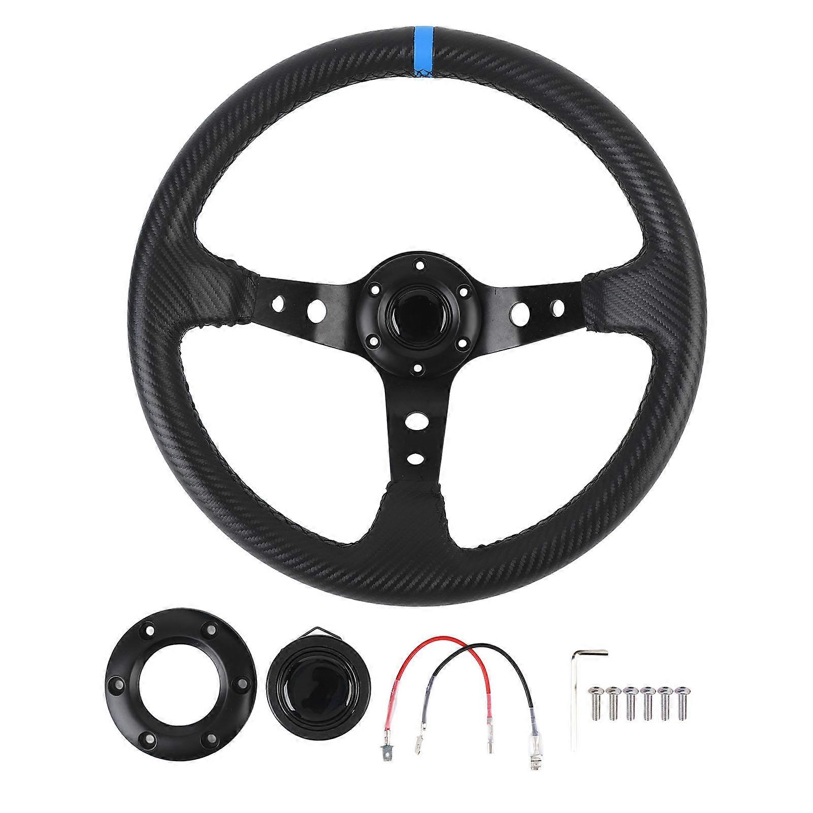 14" Universal Carbon Fiber Look PVC & Aluminum Racing Steering Wheel with Horn Button & 6-Hole Hub Adapter Blue
