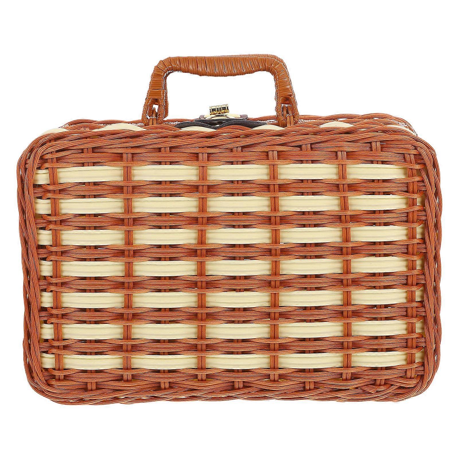 Wicker Suitcase Rattan Picnic Baskets Multi Tone Rectangular For Travel Camping Outdoor Party 26 00X17 00X11 00CM 1Set