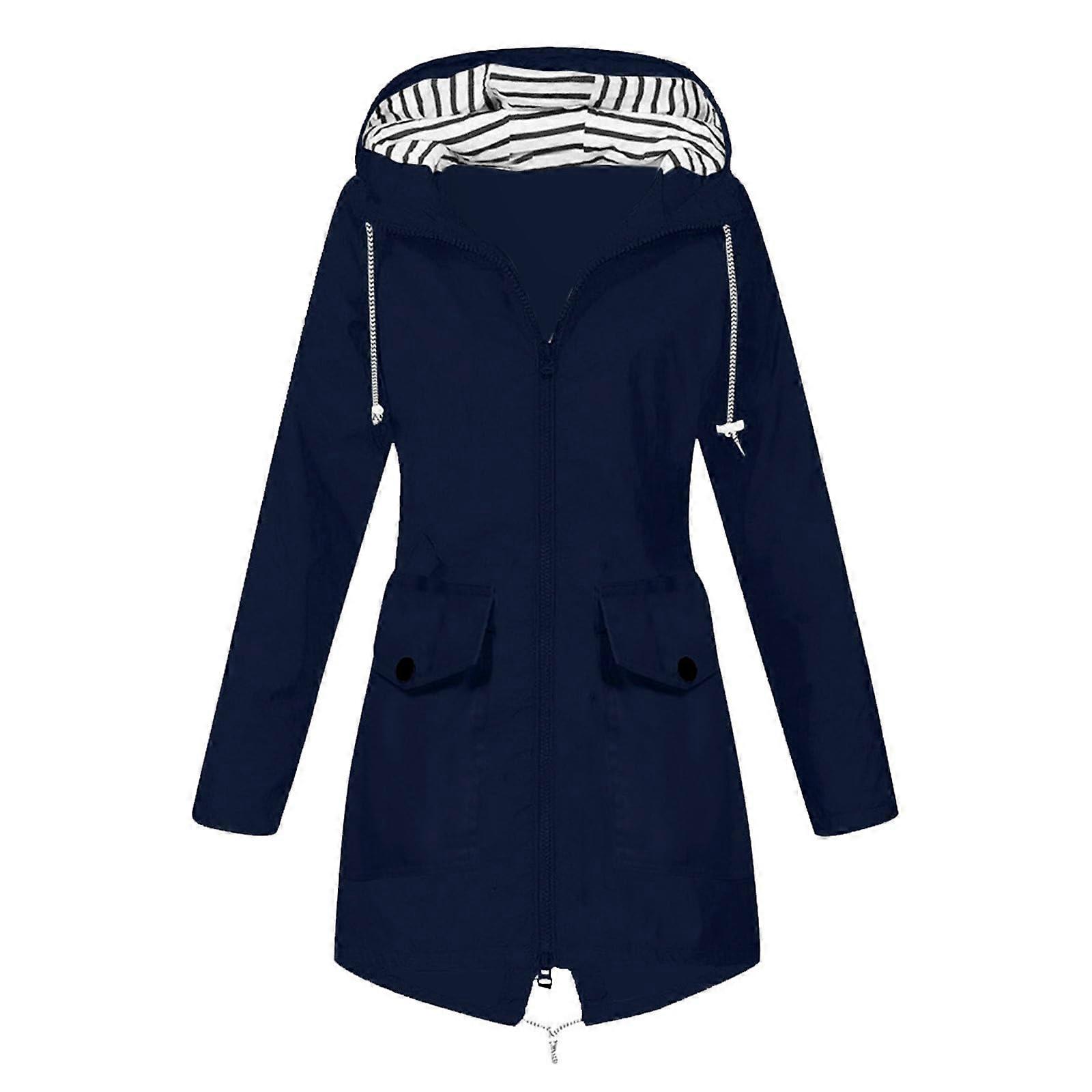 Waterproof Breathable Raincoat Women's Long Solid Color Plus Size Lined Rain Parka Windbreaker Jacket Large Sizes Spring Transitional Coat Blue L