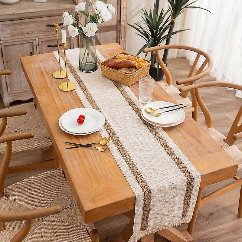 Cotton and Linen Woven Colorblock Tassel Striped Rhombus Table Runner, Size: 30x220cm