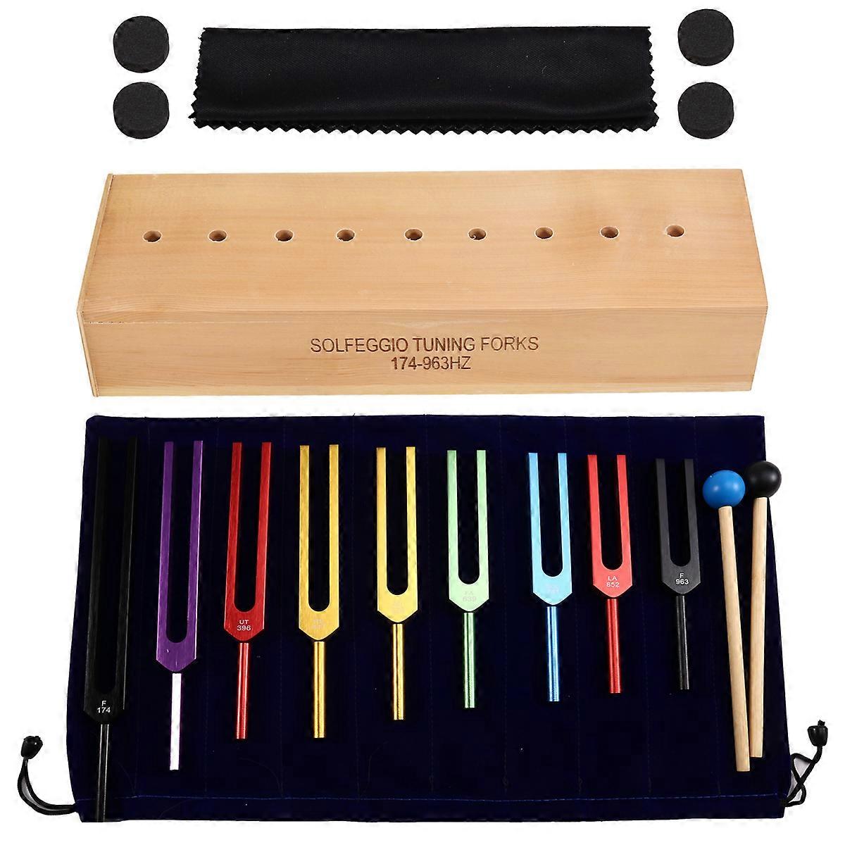 9pcs Colored Tuning Forks Set with Hammer and Wooden Box for Healing Meditation Yoga Relaxation Instrument