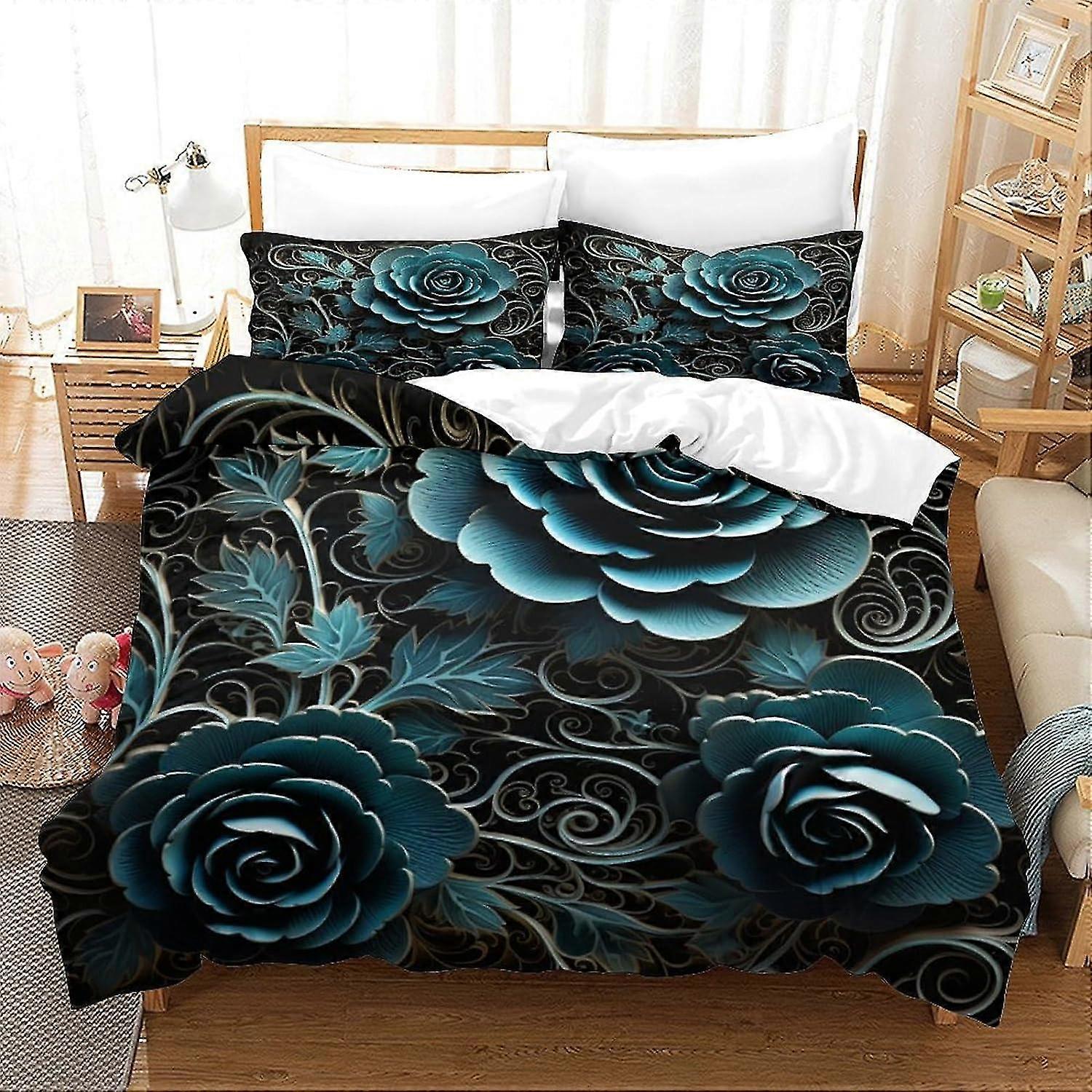 Conjunto de Cama com Padrão de Rosa Gótica com Capa de Edredom e Fronhas, Conjunto de 3 Peças com Zíper Invisível